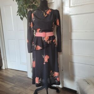 Authentic 80s Secretary Coquette Whimsy Goth Ruching Floral Black Dress/t199